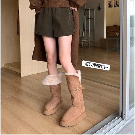 自然卷 加绒加厚两穿厚底雪地靴女冬东北长筒靴毛毛鞋官方旗舰店