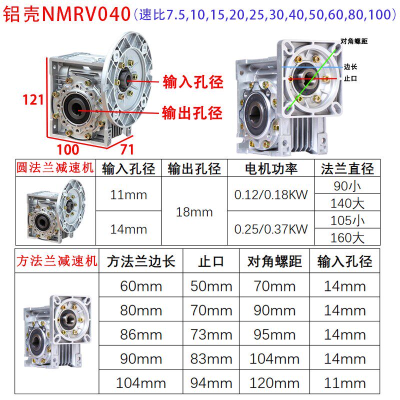 rv40 50 63 75 90-80B5减速机蜗轮蜗杆齿轮N箱B14铝NMRV涡轮减速