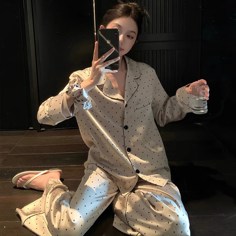 冰丝波点法式甜美睡衣套装女