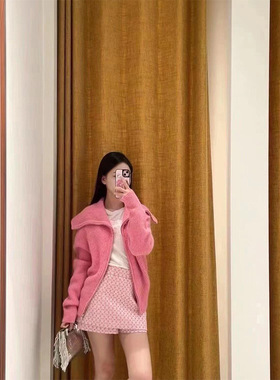 2024M家秋冬新款温柔甜美翻领拉链纯色宽松针织外套女240230