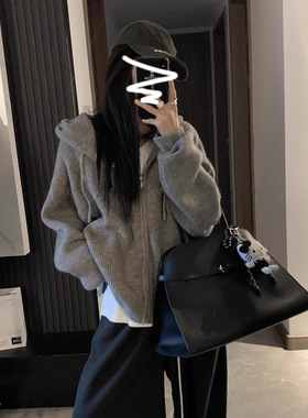 2025秋冬季韩系连帽拉链毛衣外套女新款内搭慵懒风针织开衫卫衣女