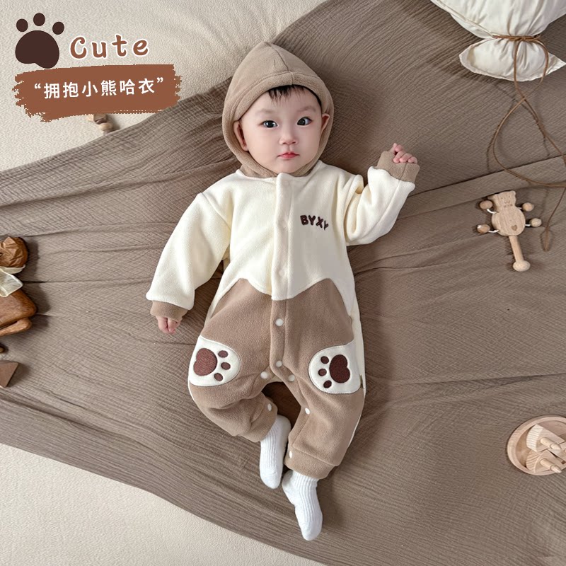 宝宝冬季衣服保暖加厚外出服婴儿加绒连体衣卡通萌小熊摇粒绒哈衣