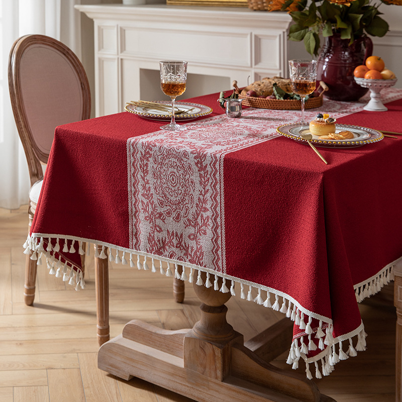 喜庆结婚桌布红色自带桌旗婚庆婚房布置装饰长方形订婚茶几布现货