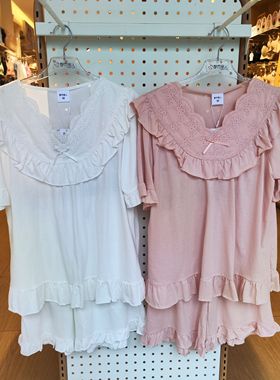 都市丽人女士纯棉睡衣LH42C4短袖短裤甜美公主蕾丝提花白色家居服