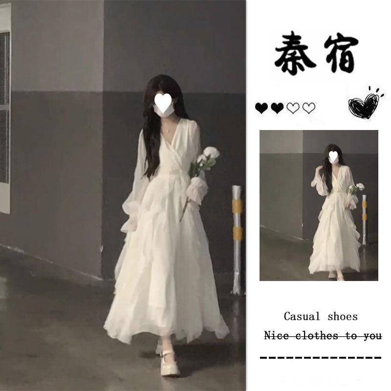 秦宿法式温柔夏季长袖白色连衣裙2025仙女秋季新款领显坠感初恋裙