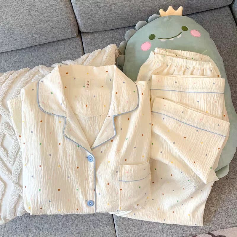 彩色波点睡衣女长袖长裤春秋款纯棉纱布套装休闲开衫家居服夏冬季
