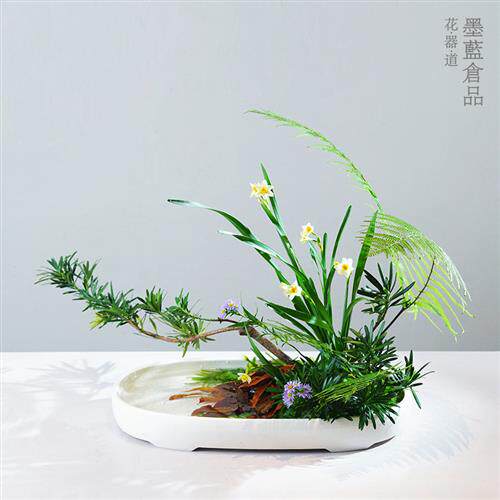 小原流日式插花花盆 特大椭圆小判花器 50cm以上陶瓷花盆 写景盛