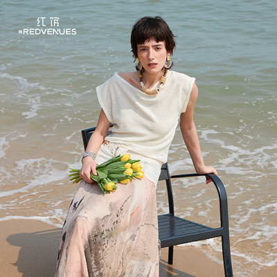 红馆26夏季新款斜肩短袖女白色T恤女气质小资小上衣独特漂亮小衫