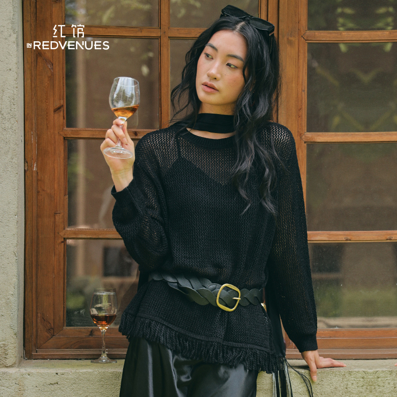 红馆25早秋新款镂空针织衫女黑色流苏针织上衣极简高级感穿搭罩衫
