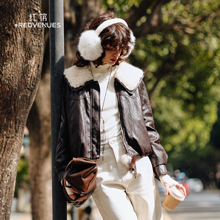 红馆25冬季新款复古pu皮革外套女棕色皮羽绒服女90白鸭绒羽绒外套