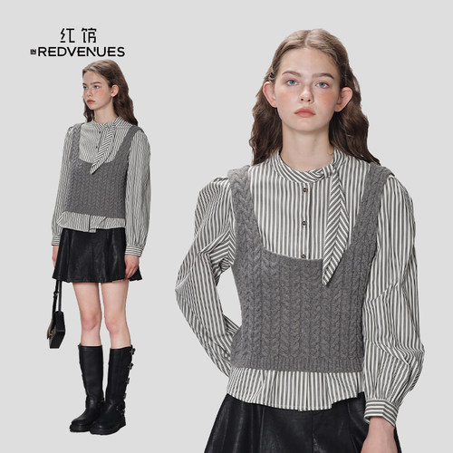 红馆inredvenues春季麻花背心衬衫两件套格雷系高知穿搭条纹衬衫