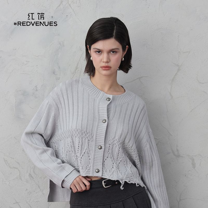 红馆灰色麻花毛衣小众下摆破洞毛衫25冬慵懒宽松毛衣开衫盐系穿搭