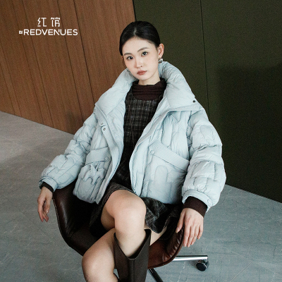 红馆|设计师款90白鸭绒羽绒服女25冬新款蓝色短款羽绒服加厚外套