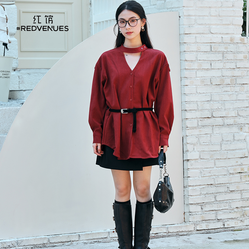 红馆2025秋季新款红色衬衫女长袖中长款衬衣韩系穿搭小资小上衣女