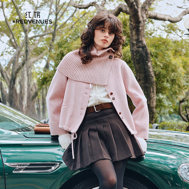 红馆|设计师款双面呢外套女100绵羊毛大衣短款粉色毛呢外套新款