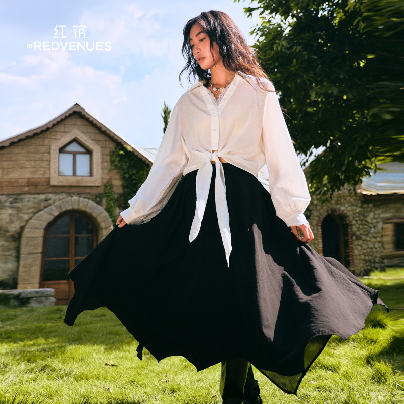 红馆25早秋新款不规则半身裙黑色半裙简单大方高级感穿搭伞裙长裙