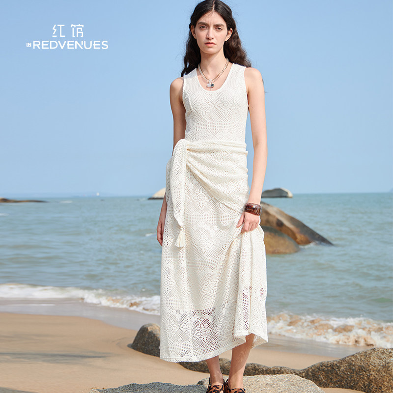 红馆26夏新款蕾丝披肩无袖连衣连衣裙