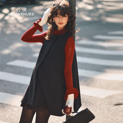 红馆2025冬季新款连衣裙圣诞新年穿搭黑色连衣裙厚款毛呢裙背心裙