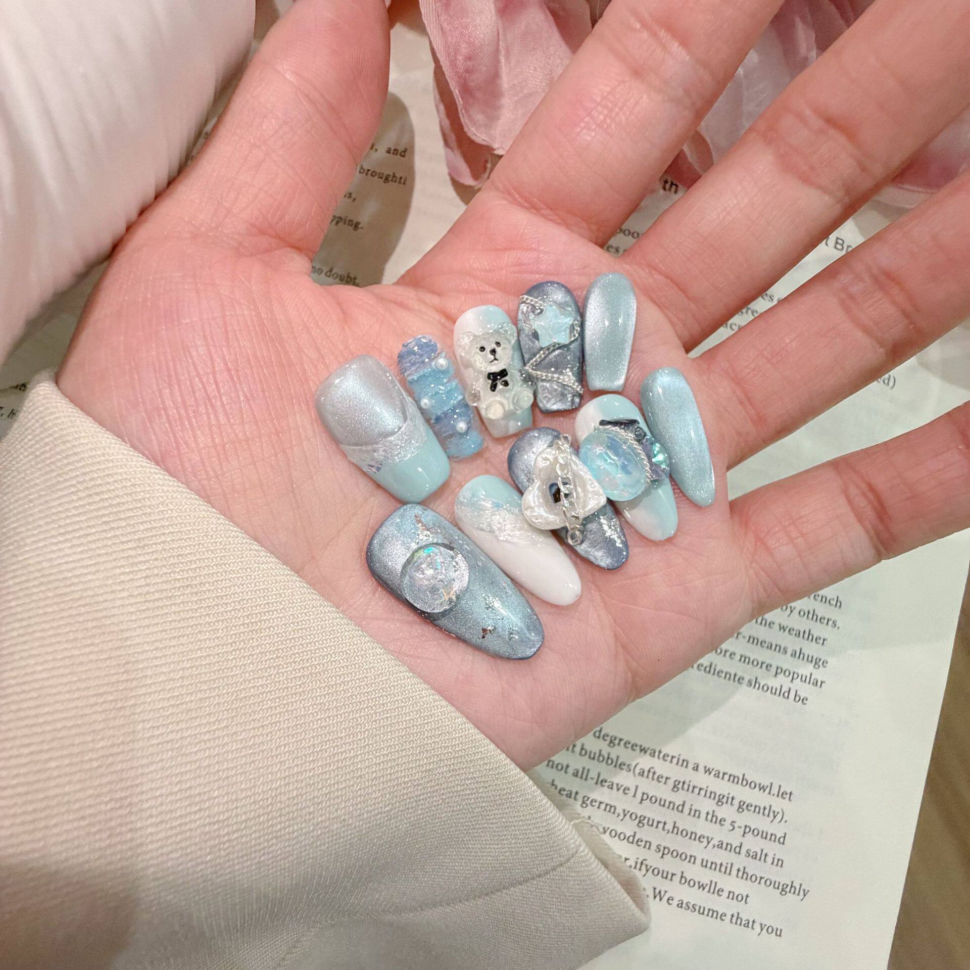 【深海泡泡】纯手工穿戴甲美甲贴片中长款可拆卸显白度假风假指甲