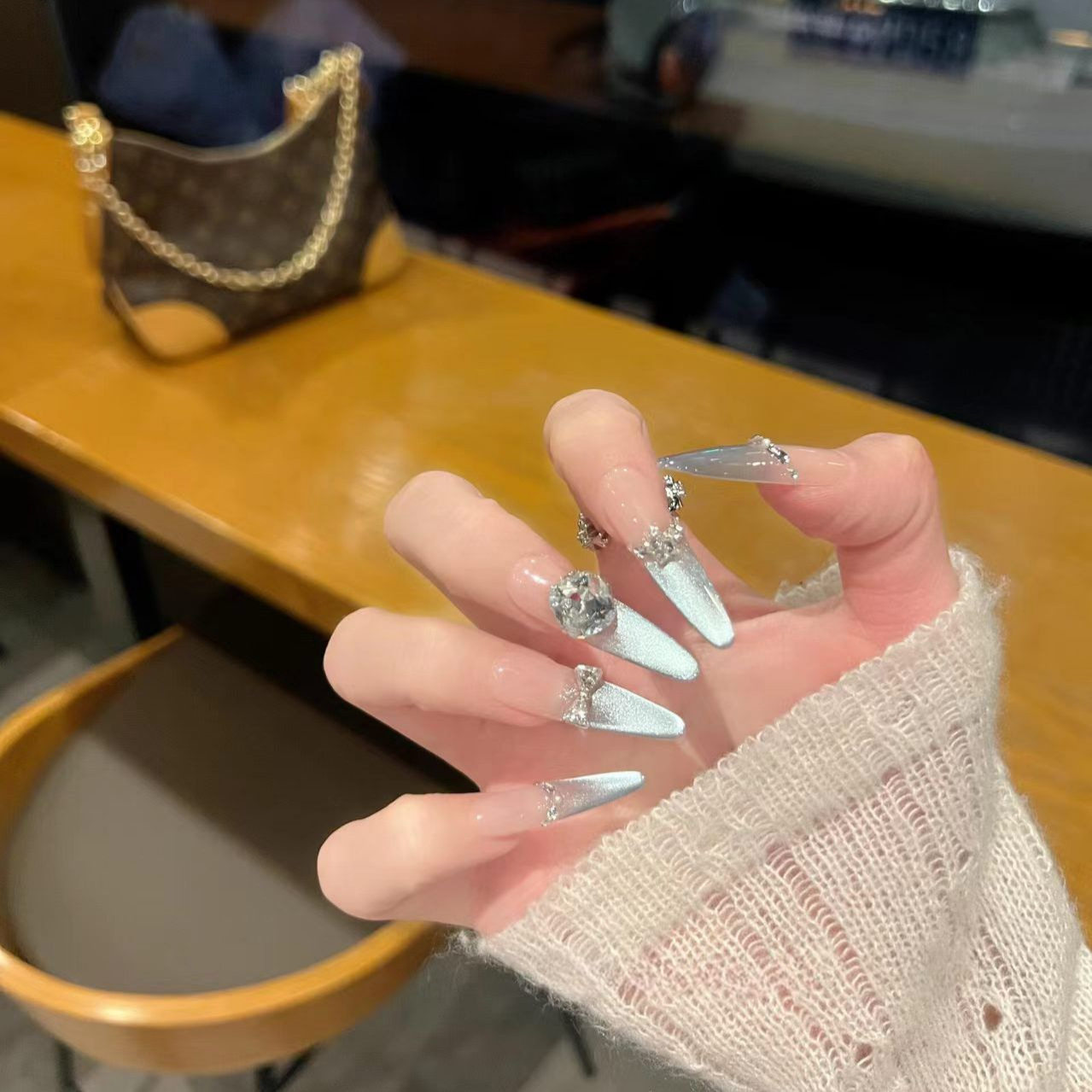 【月光千金】仙女系蝴蝶纯手工穿戴甲长款水钻果冻美甲亮晶晶贴片