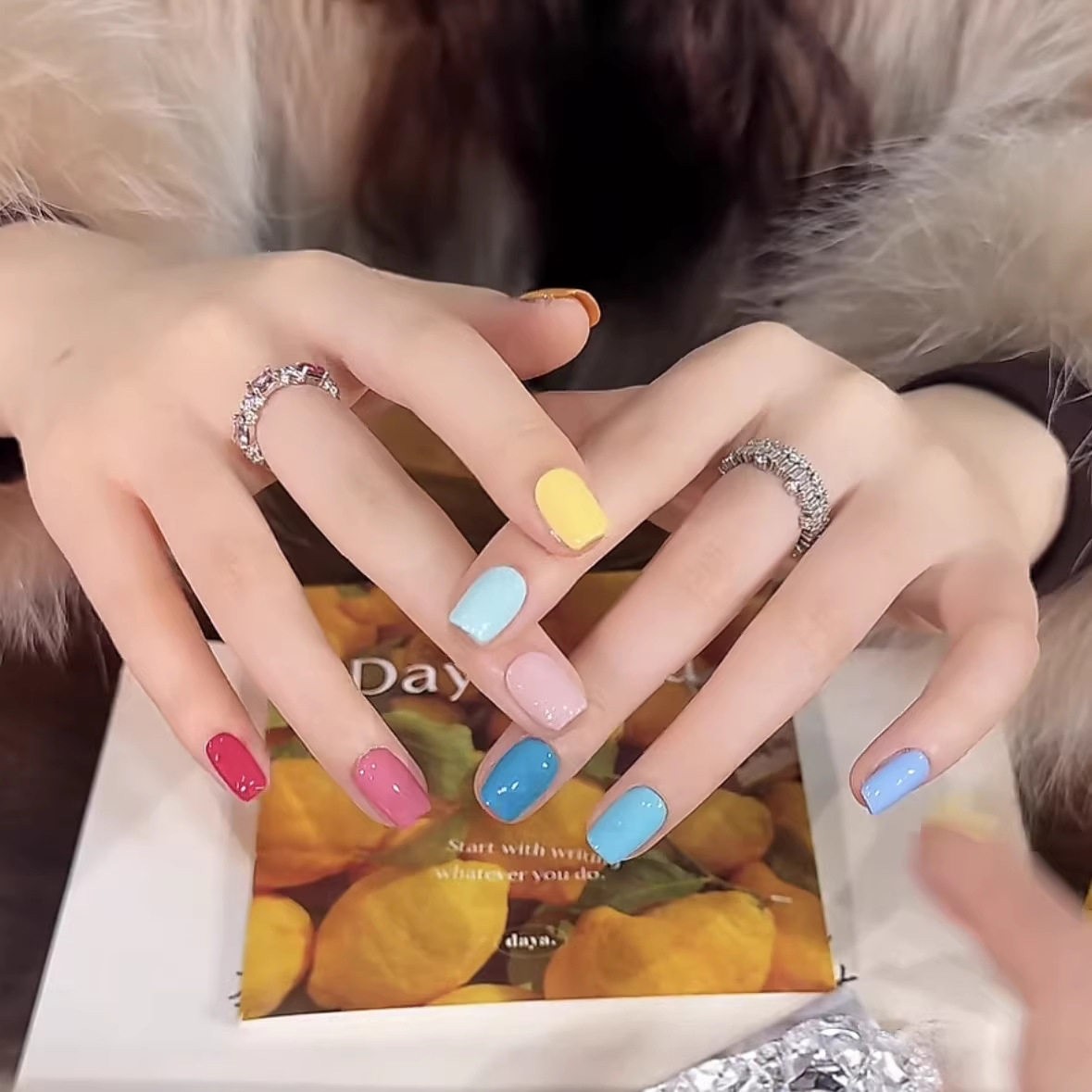 【糖果甜心】彩色拼接纯手工穿戴甲短款美甲贴片假指甲成品甲片