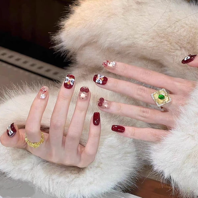 AHN【发财醒狮】手工穿戴甲 新年战甲红色蝴蝶结波点美甲短款显白