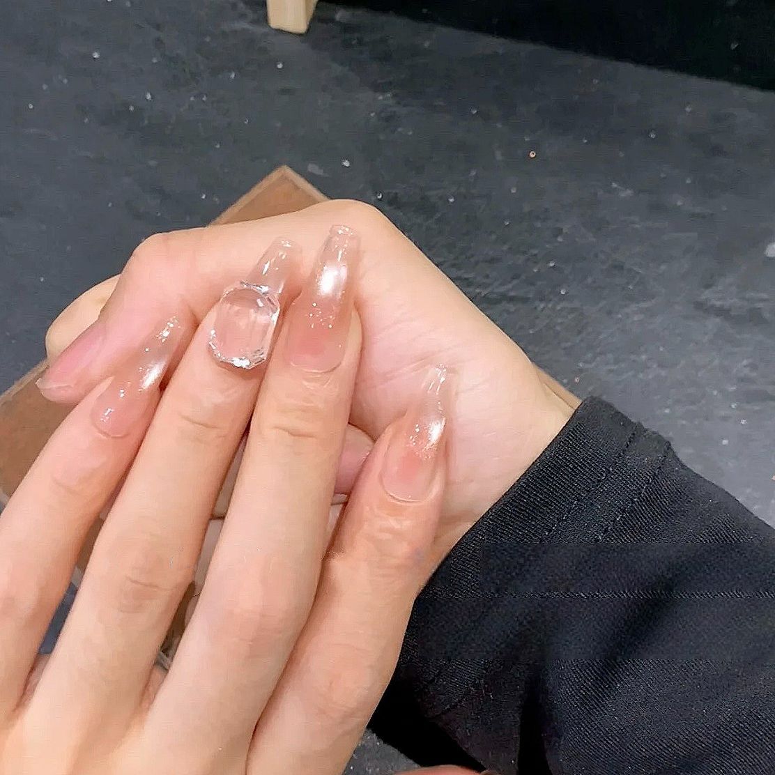【开水加冰块】纯手工穿戴甲透明闪粉美甲贴片法式高级显白假指甲