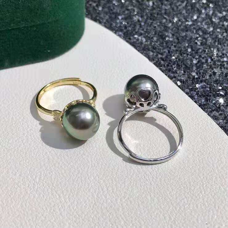 diy配件 s925纯银爱心包裹遮瑕戒指可调节空托适配8-11mm珍珠