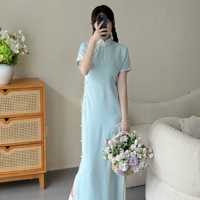 南舟记【月蓝】全开襟无省仿真丝提花双层曳地少女日常款古法旗袍