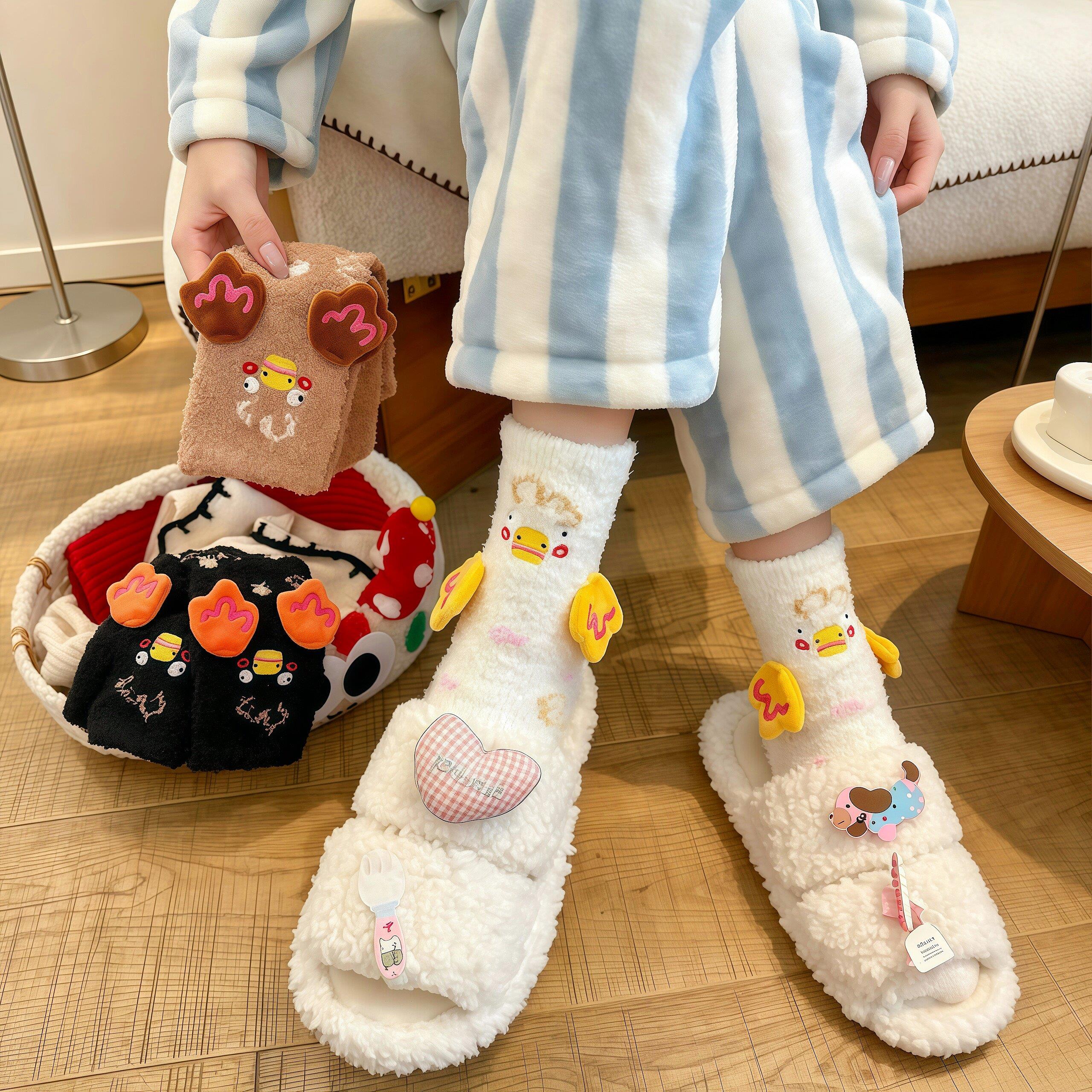 冬季珊瑚绒袜子女可爱搞怪