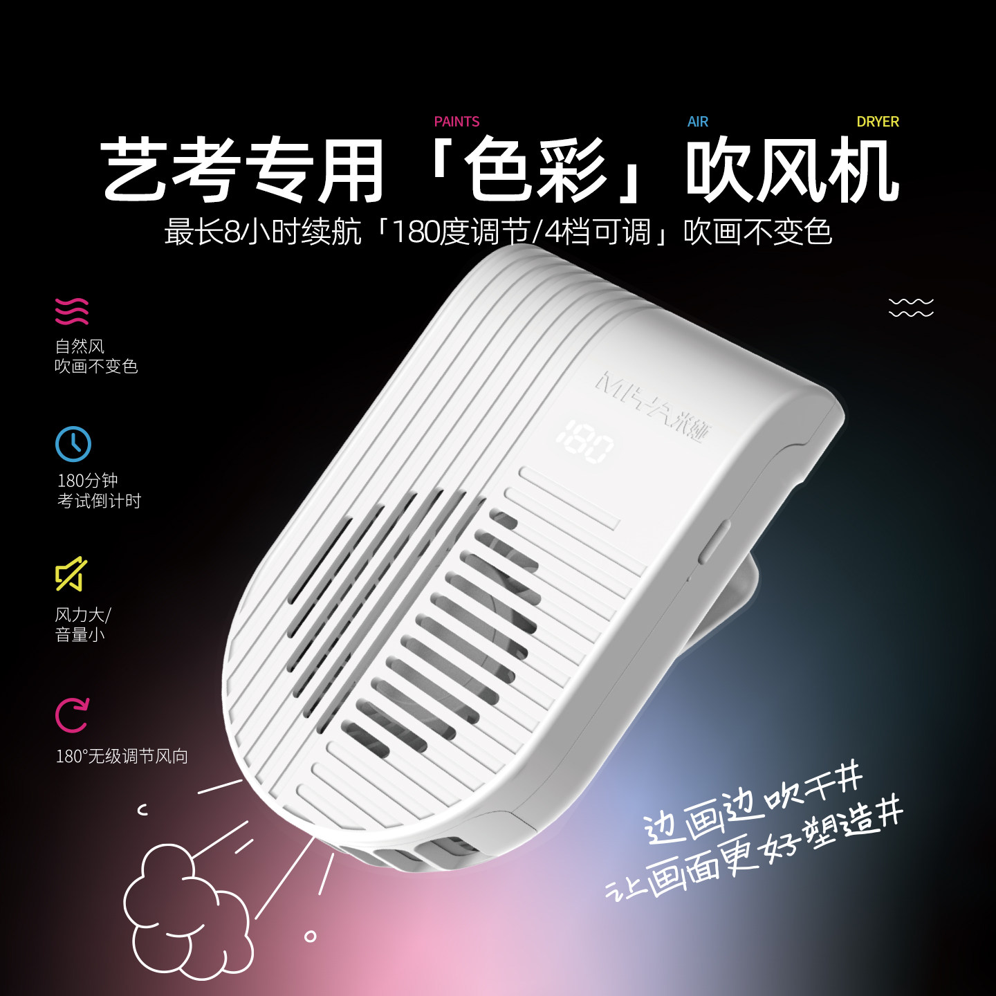 米娅新品色彩吹风机联考艺考色彩考试风干器长续航180度旋转4档可调大风量低噪音可开关倒计时吹画不变色
