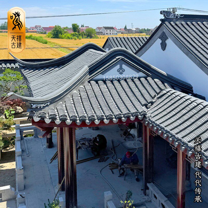 苏式别墅户外庭院古建长廊自建房屋面盖瓦翻新装修防腐木连廊工厂