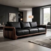 精选新中式 北美黑胡桃木直排沙发2025新款 简约客厅高端实木皮艺沙