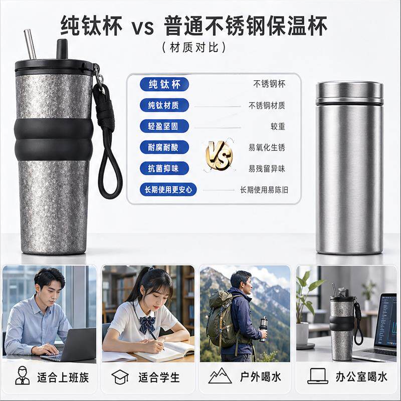纯钛保温杯星空冰境吸管杯便携车载办公户外水杯结晶工艺抑菌钛杯