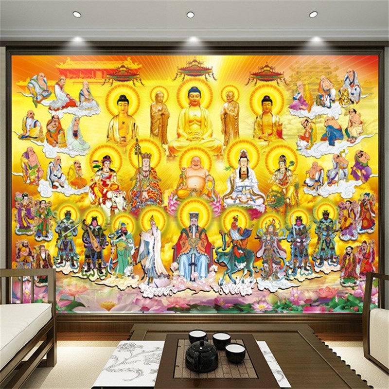 西方极乐世界庄严图墙纸壁画全佛图万佛祠堂8d壁纸仙人罗汉墙布