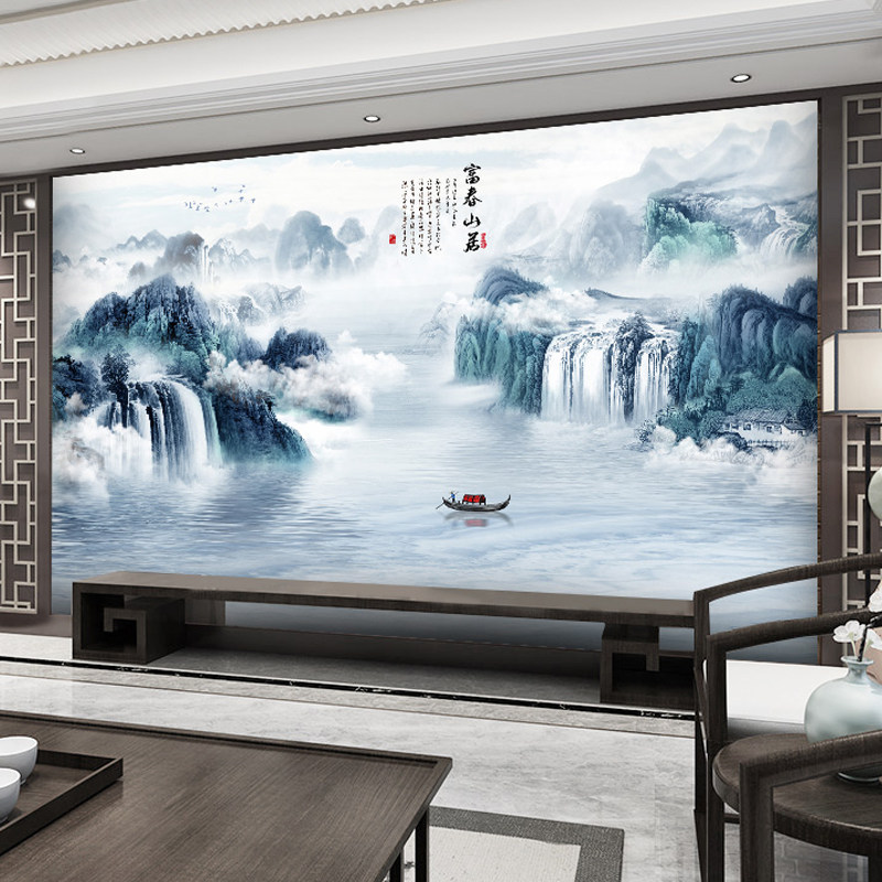 8D流水生财水墨风电视沙发背景墙布富春山居图壁画山水情中式壁布