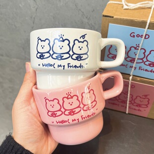 杯 波猫与浪兔 可爱卡通三只小熊咖啡杯生日礼物情侣水杯礼盒装