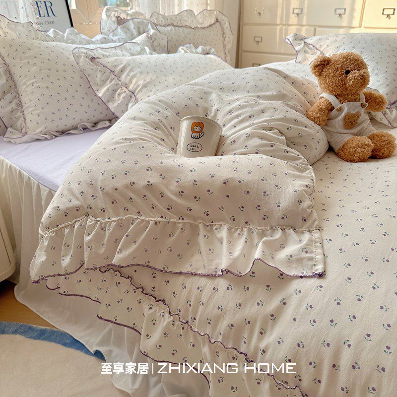 韩式花边水洗棉床上四件套床单被套荷叶边床裙学生宿舍床品三件套