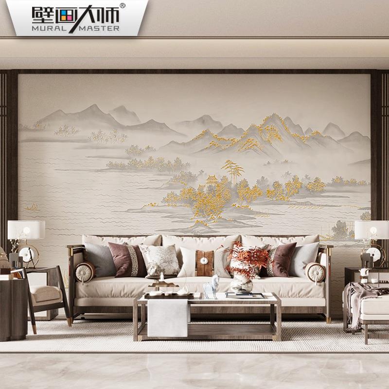 大气轻奢新中式客厅山水壁布饭店餐厅装修墙布背景墙壁画硬包壁纸