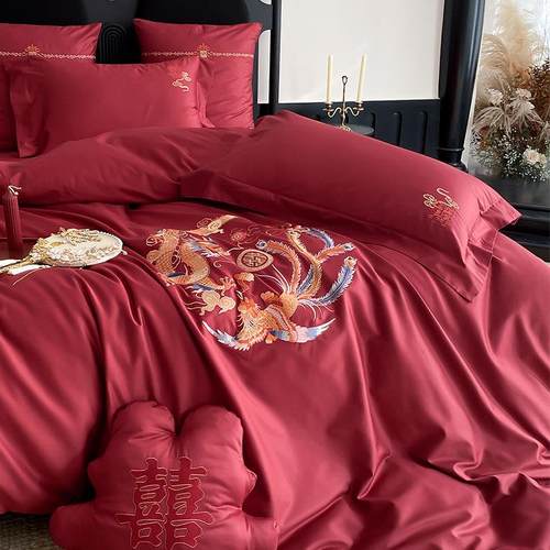 新中式龙凤婚庆四件组全棉100S长绒棉红色刺绣结婚被套床单床笠款