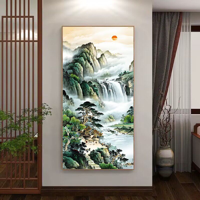 精选5d钻石画满钻新款客厅流水生财玄关竖版点十字绣钻石绣山水20