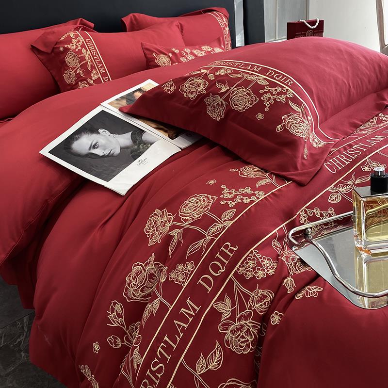 高档轻奢婚庆四件套大红色刺绣被套喜被床单备婚结婚床上用品婚嫁