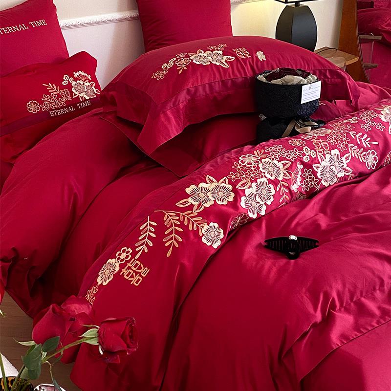 简约新中式婚庆床品四件套全棉100S长绒棉喜字绣花结婚被套床单