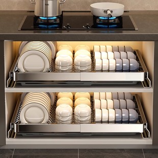 不锈钢橱柜拉篮厨房抽屉式沥水架免打孔抽拉可伸缩碗碟盘子收纳架
