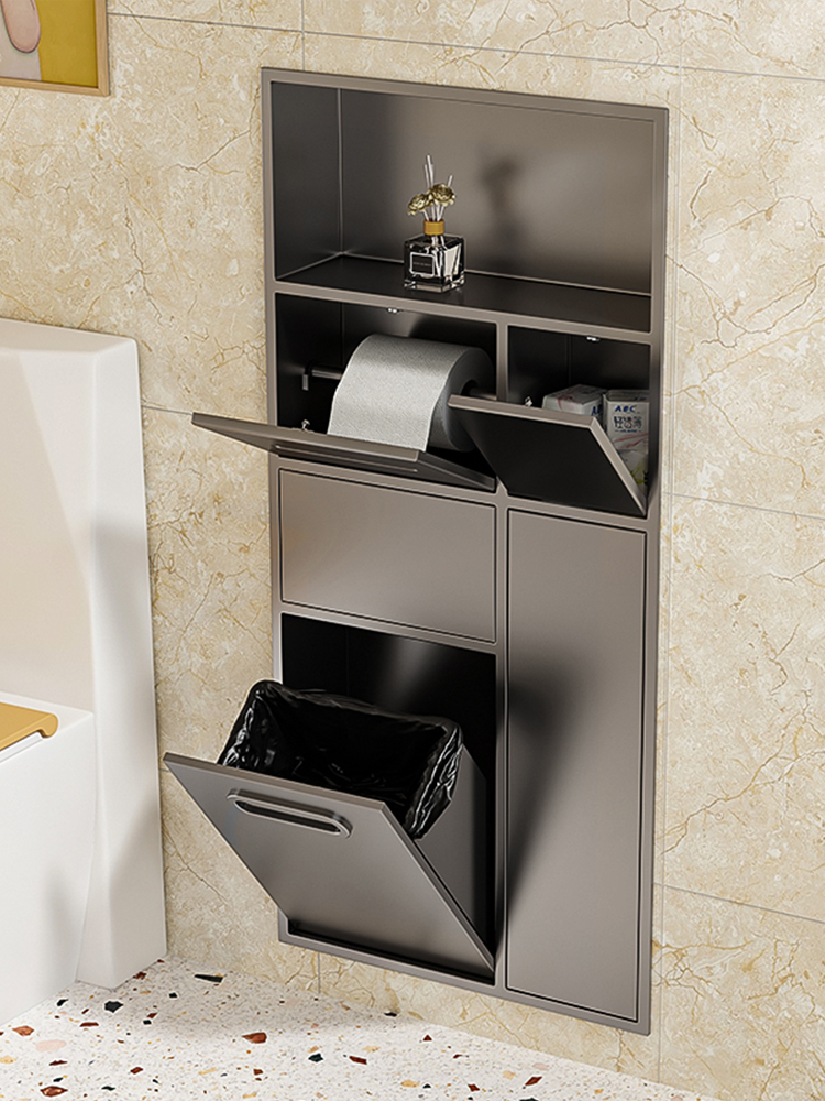 马桶壁龛卫生间嵌入式垃圾桶置物架双层金属304不锈钢成品壁龛柜