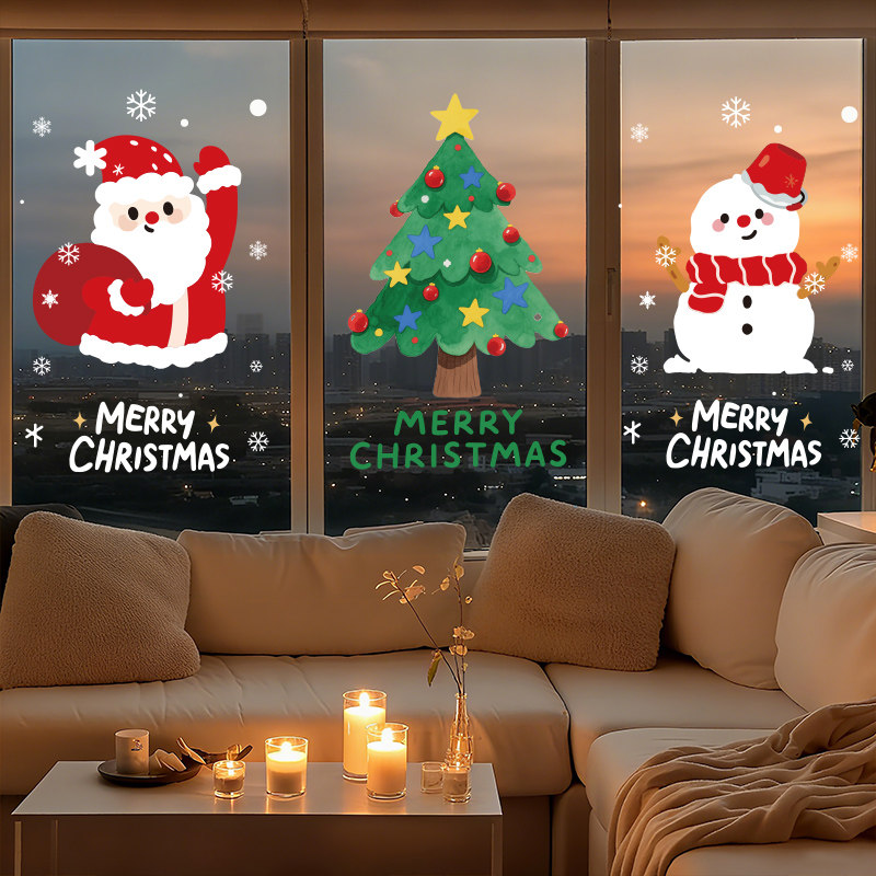 圣诞节玻璃贴纸装饰氛围布置静电贴圣诞老人树窗贴店铺场景门橱窗