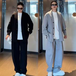 秋季款男士复古慵懒风两件套简约宽松外套显瘦压褶直筒裤休闲套装