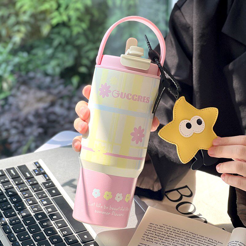 沐韩女生办公室可爱咖啡杯提手车载吸管水杯316不锈钢保冷保温杯