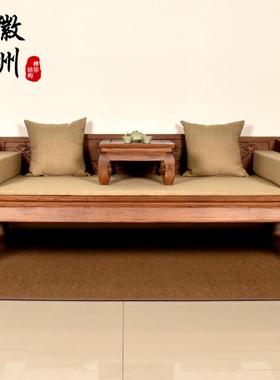 徽州木府老榆木罗汉床实木沙发客厅家具新中式原木雕花单人床包邮