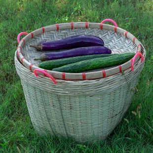 精选大号竹箩筐竹篮子挑担演出道具扁担筐采茶粮食喜事水果竹编制